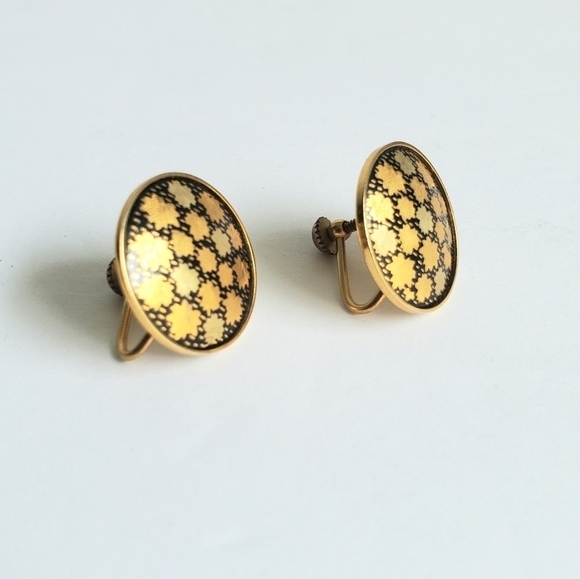 Vintage Damascene Earrings Gold Tone Floral Leaf Screw Back Clip-On 60s 70s - Picture 4 of 7